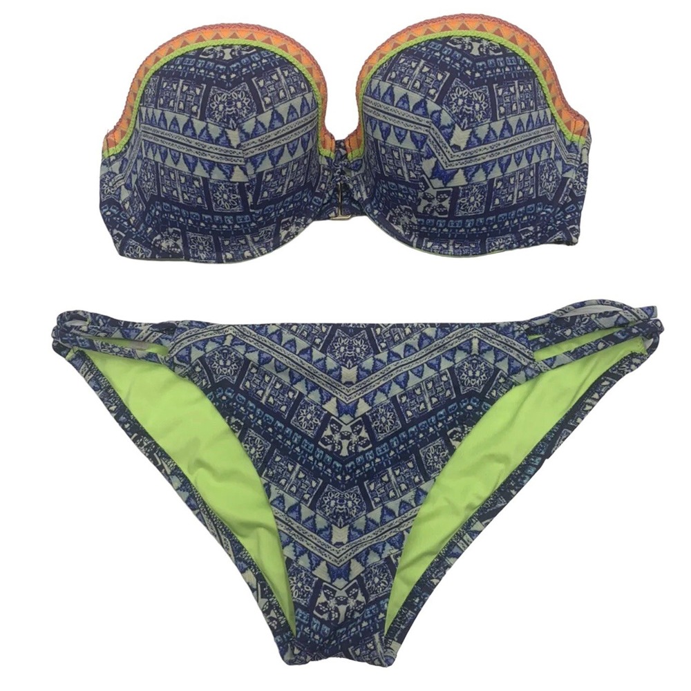 Victoria Secret Swim Suit Bikini Top Size 36 D Bottom Size Large Bombshell Blue